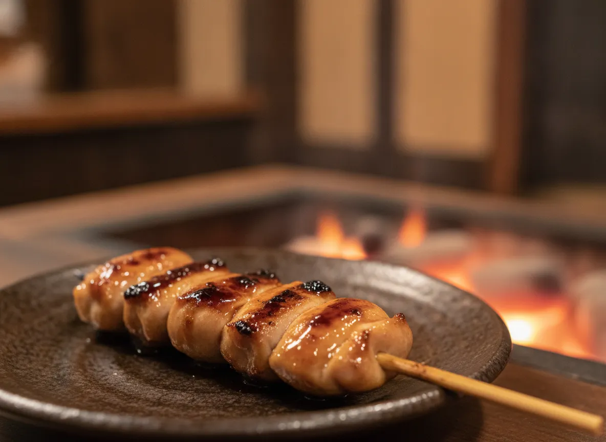 美しく照りの出た焼き鳥串、温かみのある照明