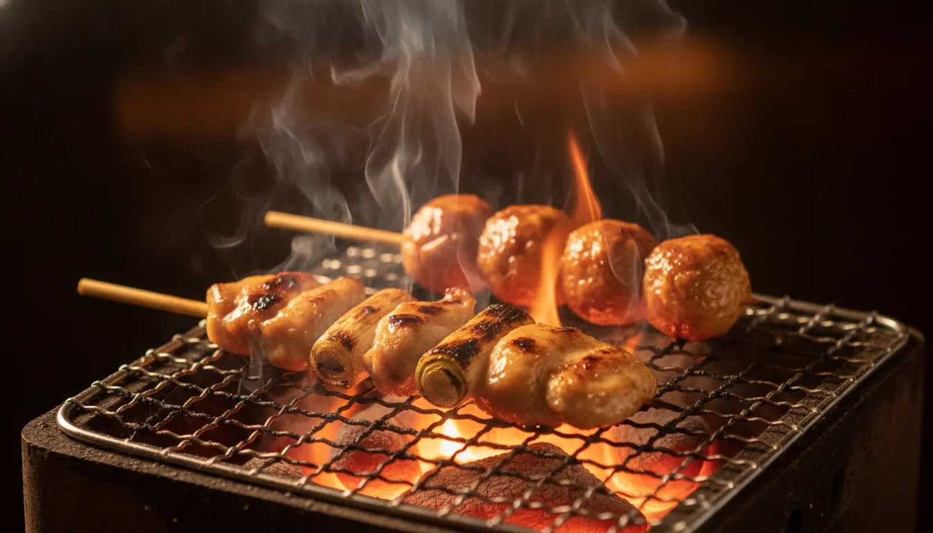 炭火で焼き上げる焼き鳥と立ち上る煙