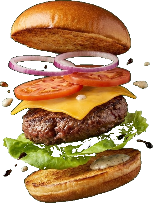 積み上がったスマッシュバーガーが宙に浮くグラフィック