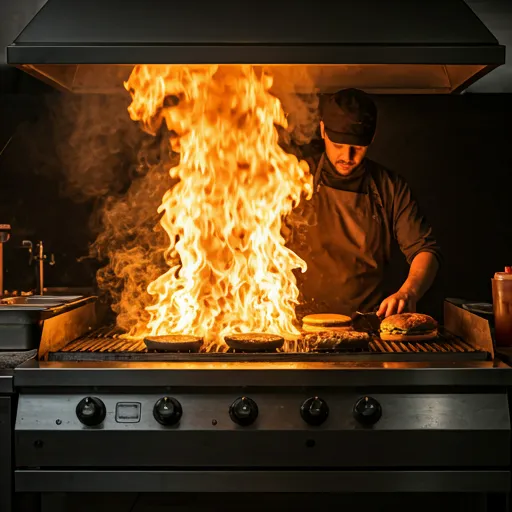 炎の上がるバーガーキッチンの躍動的な一枚