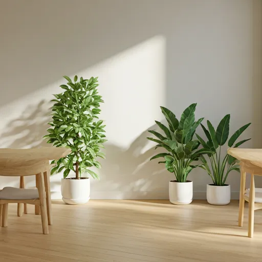 やわらかな自然光に照らされた、木製家具と観葉植物のある静謐なカフェの一角