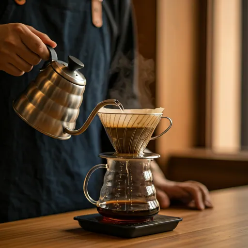 ハンドドリップでコーヒーを淹れるバリスタの手元