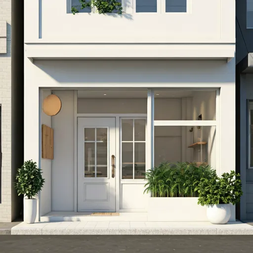 緑に縁取られた白い外観のカフェのエントランス