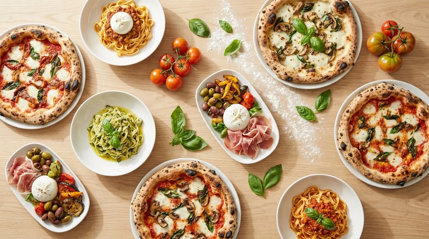 イタリア料理のフラットレイ — パスタ、ピッツァ、新鮮な食材