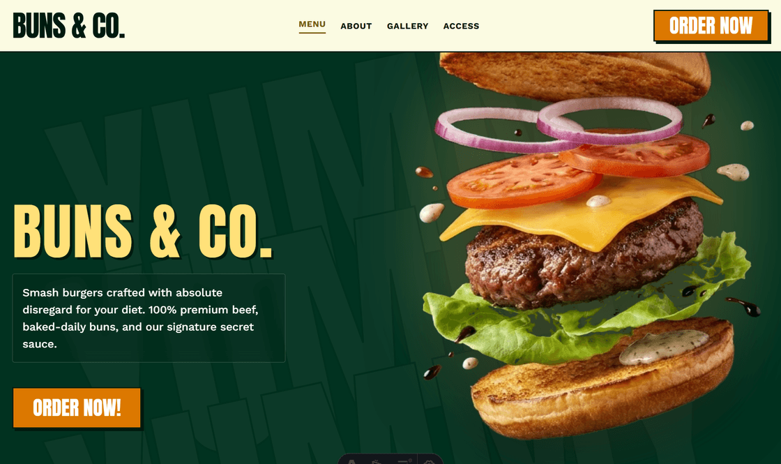 ハンバーガー店のWEBサイト制作事例 — デスクトップとモバイル表示